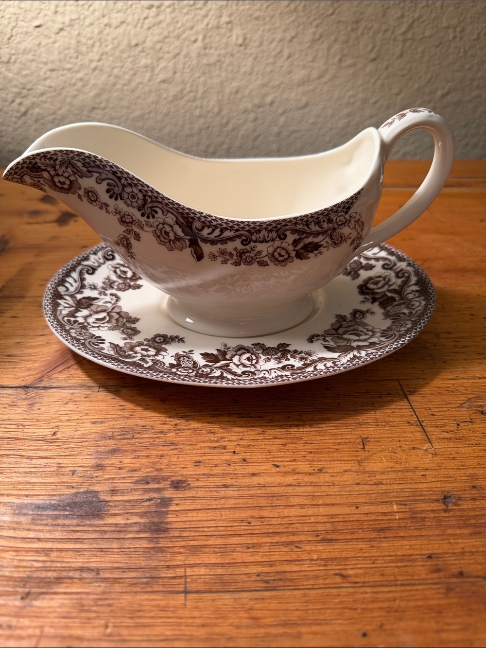 Spode Brown and Cream Delamere Transferware Gravy Boat with Underplate
